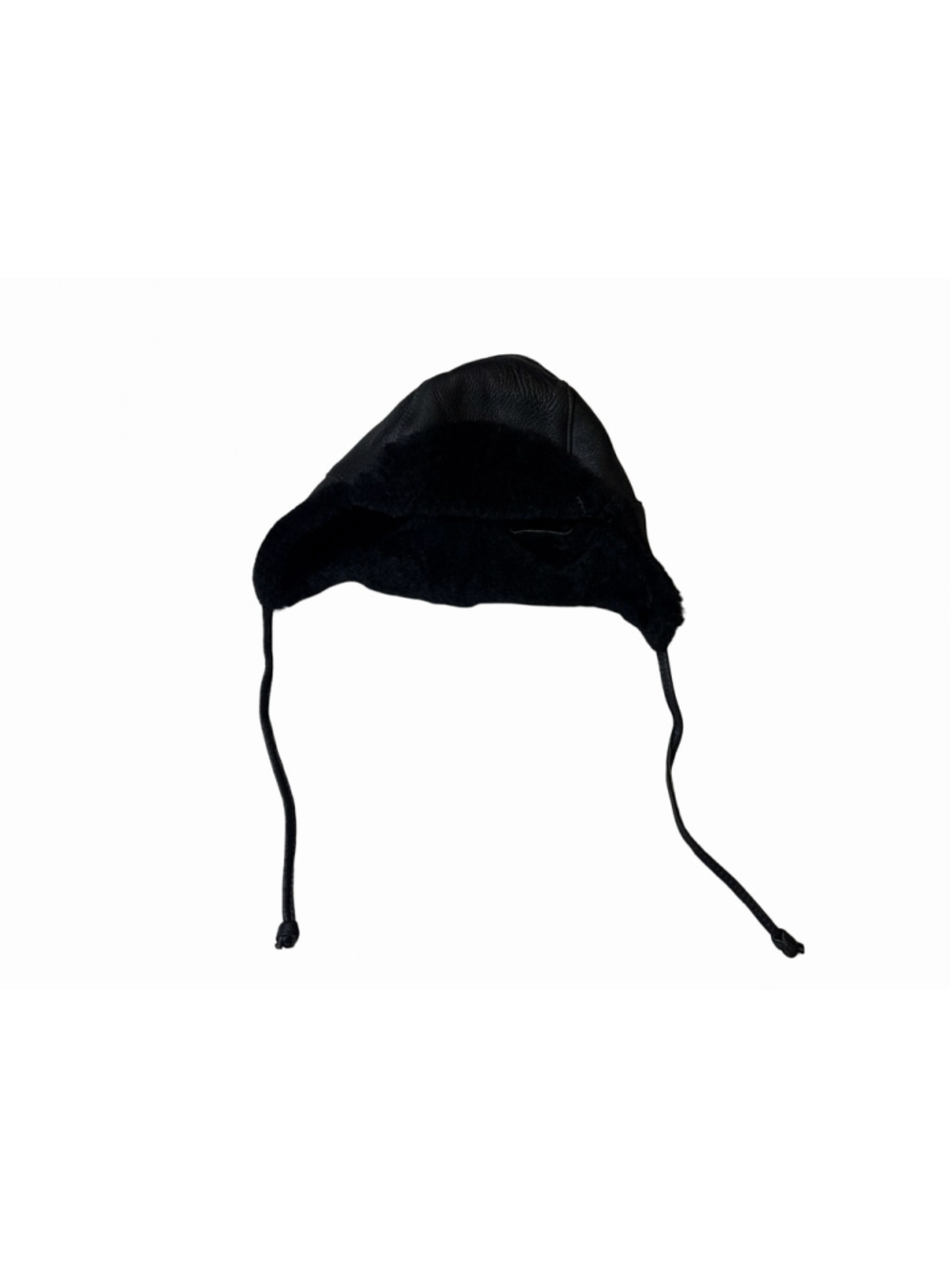 Black Genuine Sheepskin Shearling Leather Aviator Trapper Hat with Ear Flap Ties